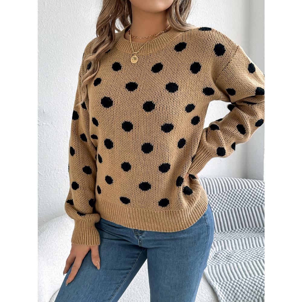 Fashionable Women's Hoodie: Casual Colour-Block Polka Dot Long-Sleeved Pullover Knit Top