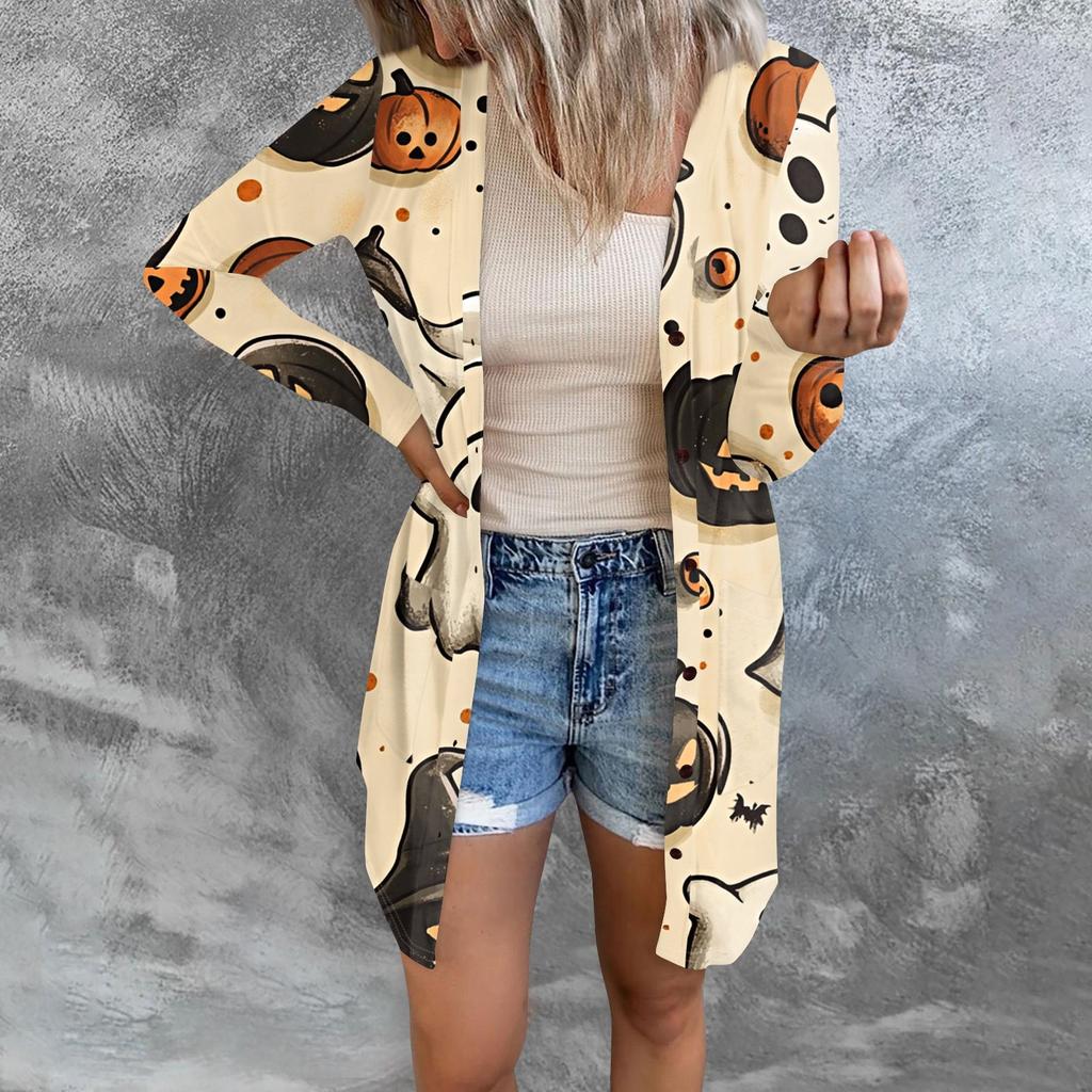 Women's Casual Cardigan Halloween Printed Long Sleeve Top With Pockets