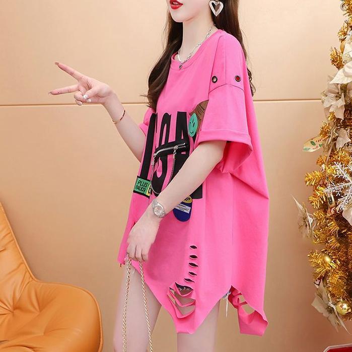 Γυναικείο Καλοκαιρινό Μπλουζάκι Κοντομάνικο Μεγάλο Μέγεθος Κορεάτικο Μεγάλο Μέγεθος Τοπ Φαρδύ Ακανόνιστο Σχισμένο Καθημερινό Μπλουζάκι με Πρί