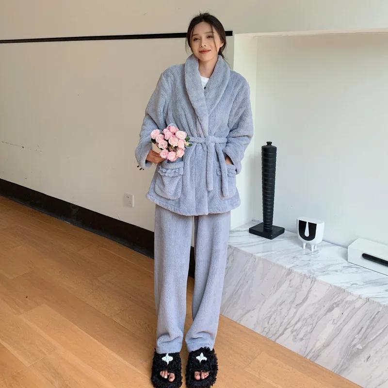 

Зимняя женская пижама из 2 предметов, домашняя одежда, коралловый флис, пижама, женская, однотонная, ночная одежда, роскошный топ с V-образным вырезом и брюки, наряд с длинным рукавом L синий