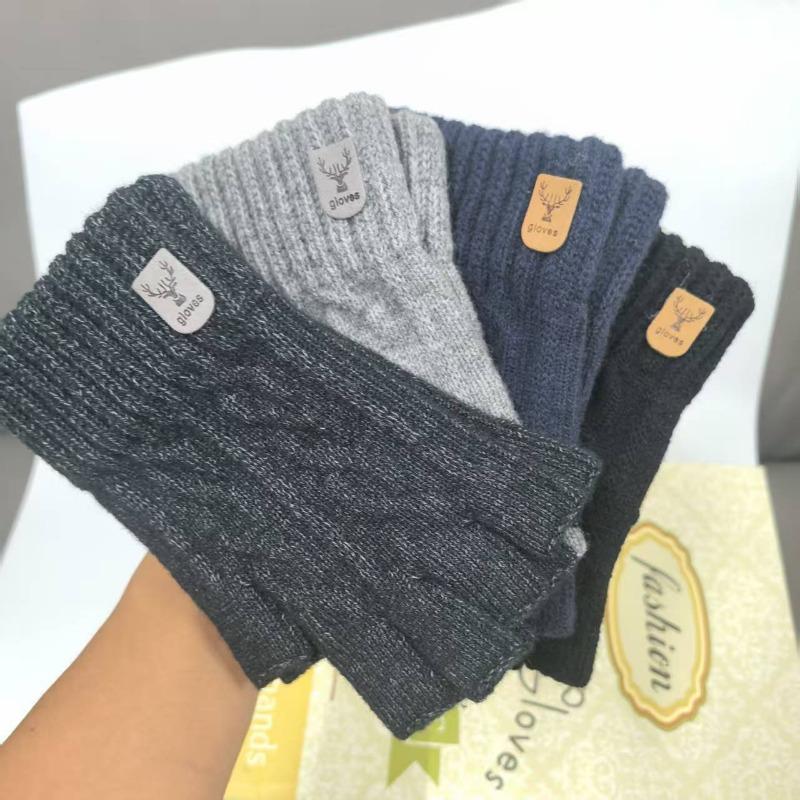Half finger gloves autumn and winter men's thickened knitted wool half finger work students write in class to keep warm