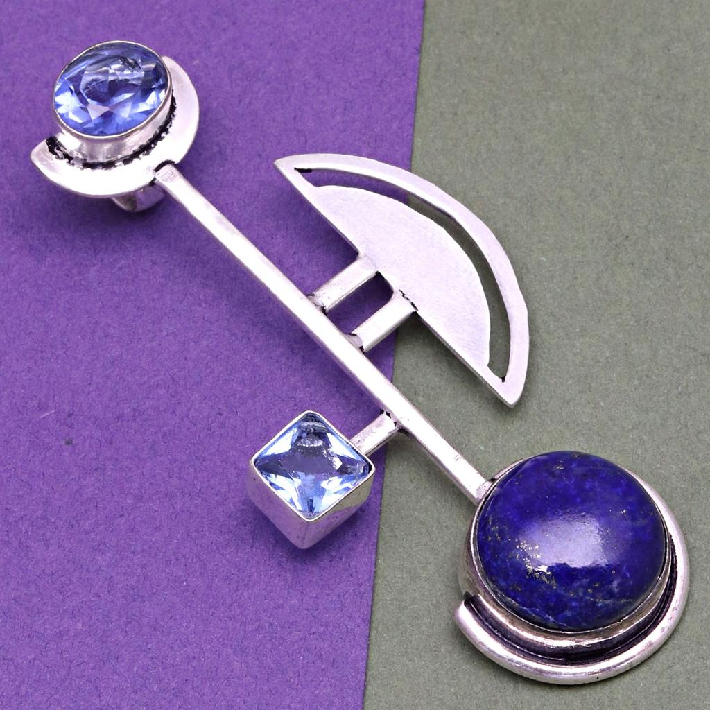 Lapis Lazuli Sky Blue Topaz  Mother's Day Silver Jewelry Pendant  2.5"