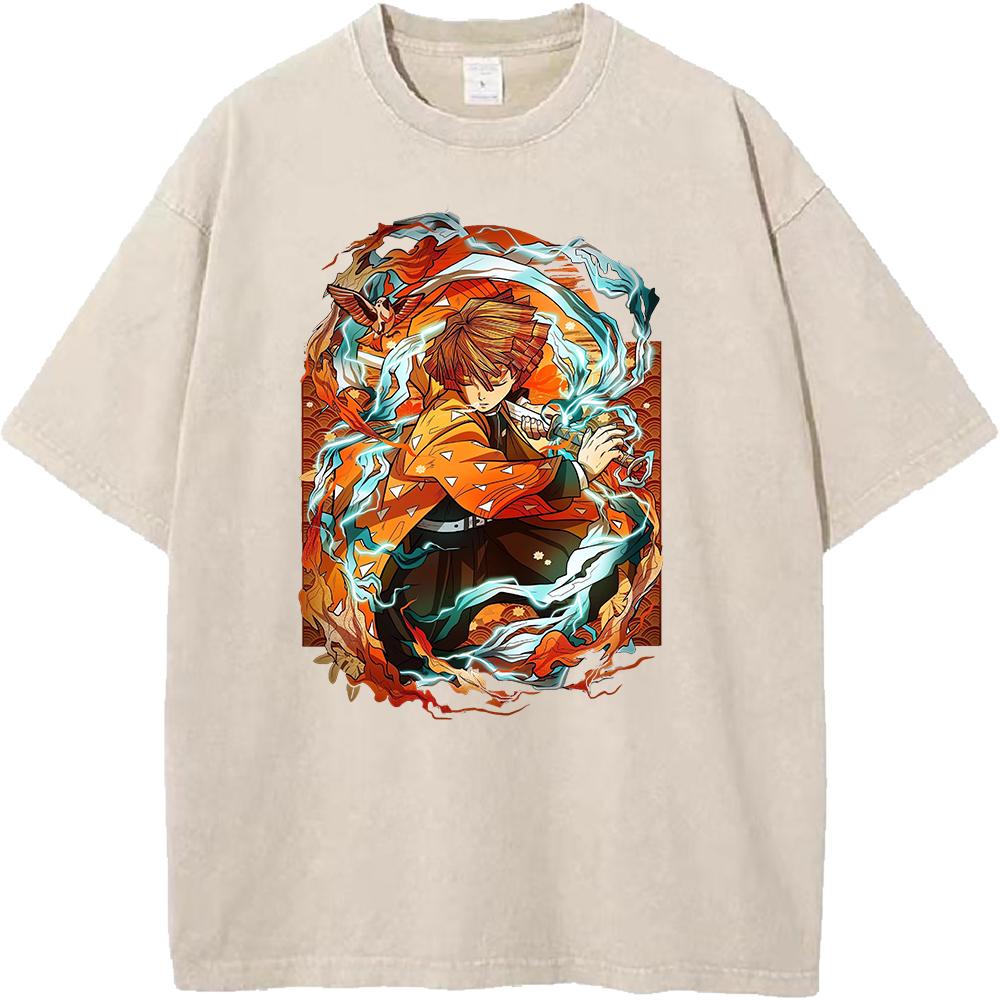 Agatsuma Zenitsu Graphic Washed T-shirt Demon Slayer Anime Clothing Men Women Cotton Tshirts Oversized Retro T Shirt Male Tops