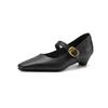 Krazing Pot Microfiber Square Toe Thick Med Heels Spring Summer Shoes Big Size 43 Metal Buckle Beauty Women Shallow Pumps