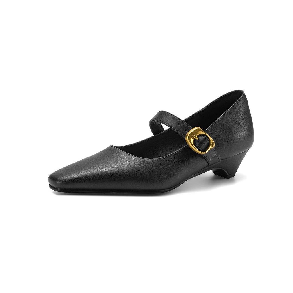 Krazing Pot Microfiber Square Toe Thick Med Heels Spring Summer Shoes Big Size 43 Metal Buckle Beauty Women Shallow Pumps