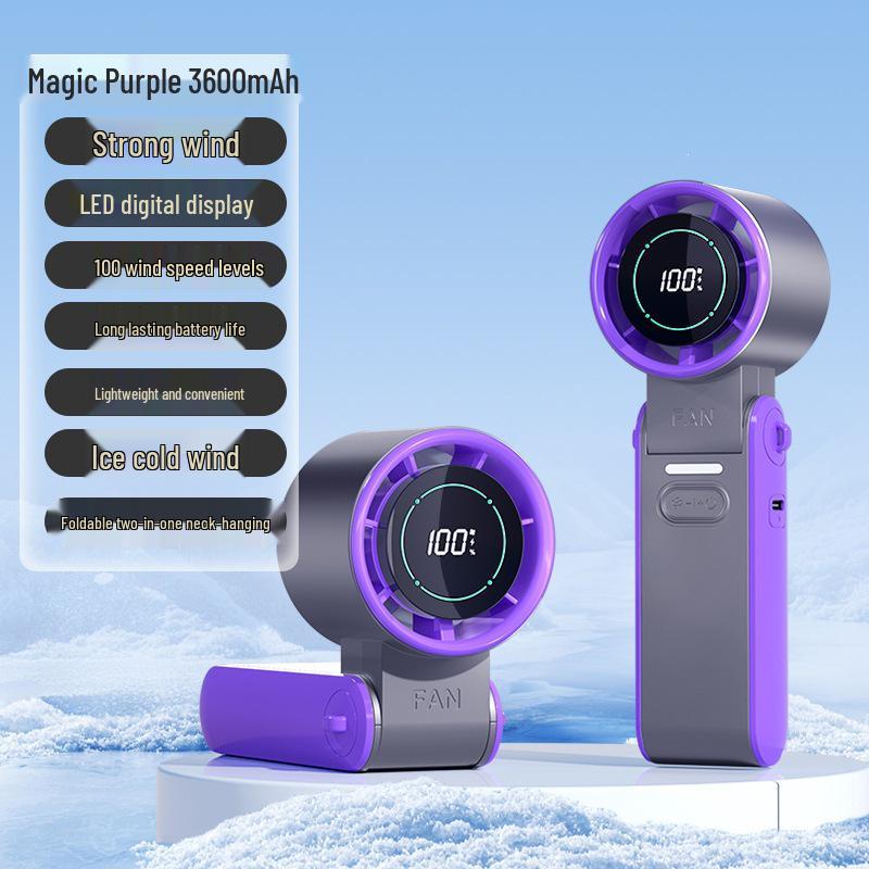 Foldable Portable Neck Fan with High-Speed Cooling, Digital Display, and Adjustable Speed F52 Magic Purple with Lanyard