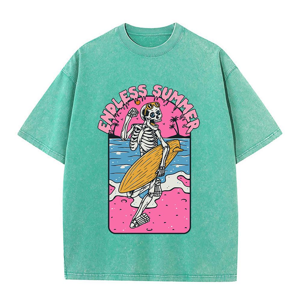 Endless Summer Skelett Surfen Gewaschen Retro Schneekleidung Herren Qualitäts-T-Shirt Sommer Baumwoll-T-Shirts Street Loose Tops