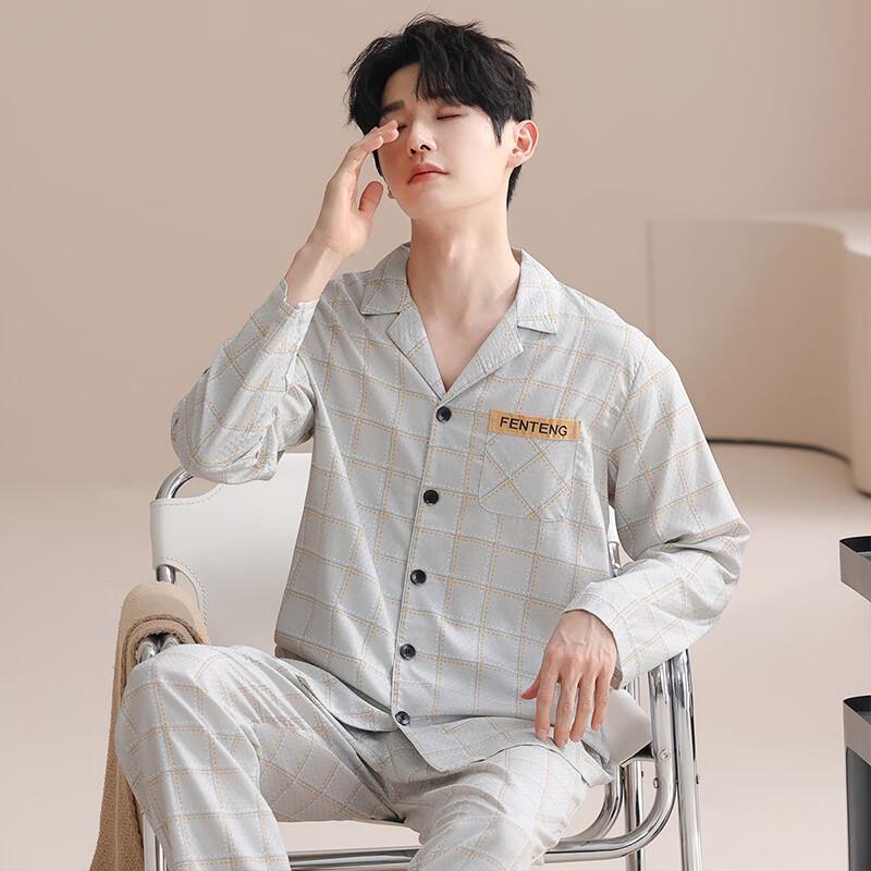 FENTENG Herren Weiches Baumwollmischung Langarm Lounge Pyjama-Set