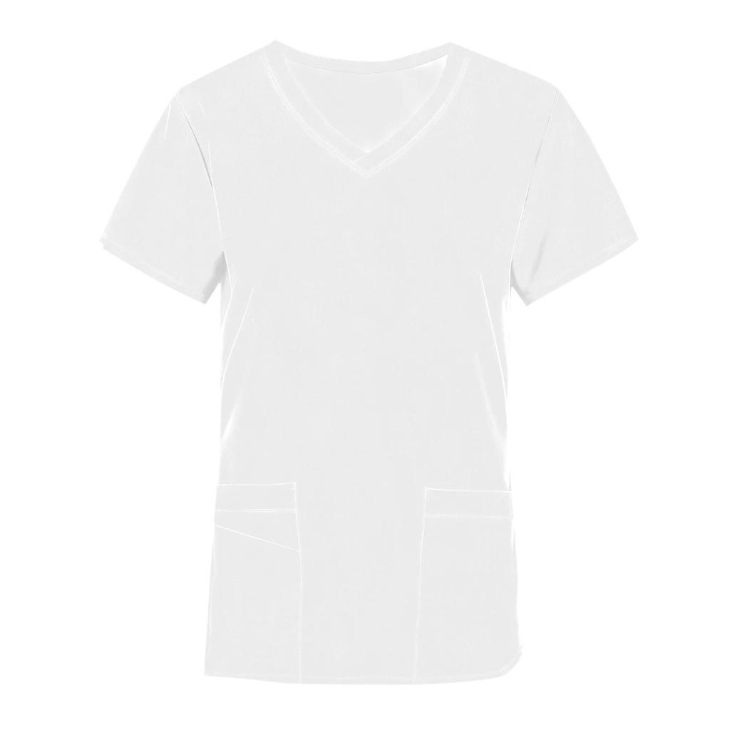 Ladies' Lightweight Color V-neck Multi Pocket Side Slit Short Sleeved Shirt