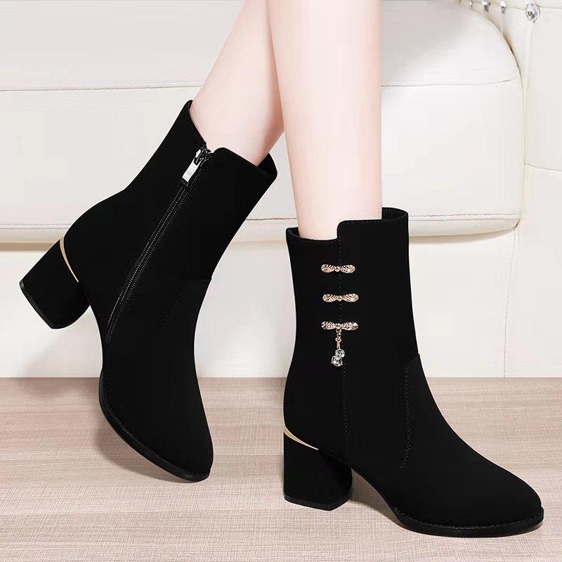 2025 New Martin Boots Velvet Cotton Shoes Autumn and Winter Mid-heel Coarse Heel Matte Snow Boots Short High Heel Mid-boots Women