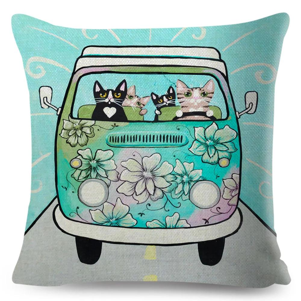 Cartoon Driving Car Cat Cushion Cover Decor Cute Pet Animal Pillowcase Polyester Pillow Case for Sofa Home Children Room 45x45cm