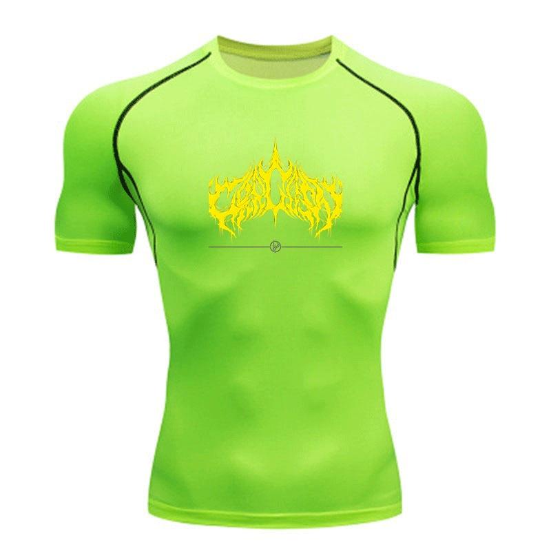 Men's Compression Workout T-Shirt, Bright Yellow Flame Style Graphic Sports Quick Dry Tee for Gym Running Training Fitness Active Wear