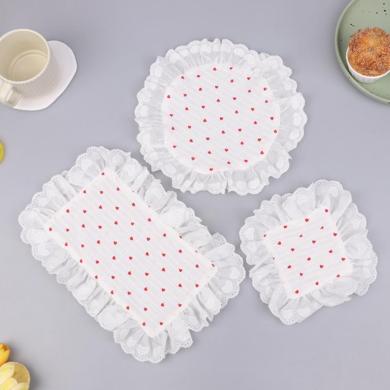Lace Ruffles Placemats Heart Pattern Table Napkins Soft Flounced Cloth Cups Mat For Home Party Wedding Decoration
