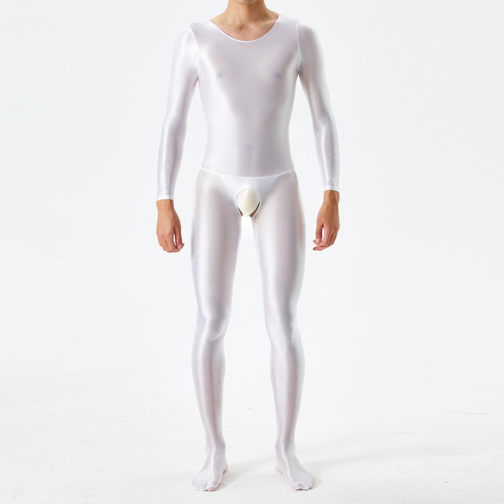 Men Bodystocking Glossy Sheer Open Crotch Long Sleeve Body Jumpsuits Crotchless Transparent Bodysuit Underwear Night Club Wear