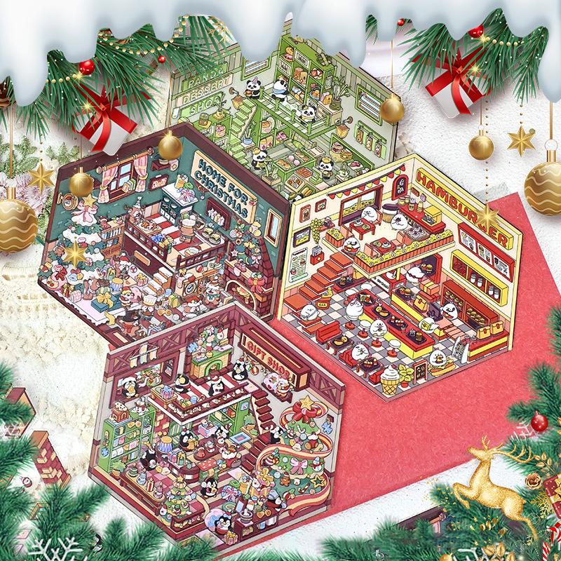 Christmas Theme Diy 3D Sticker Cartoon Pocket Cabin Scene Stacking And Pasting Festival Birthday Gift For Kids Student