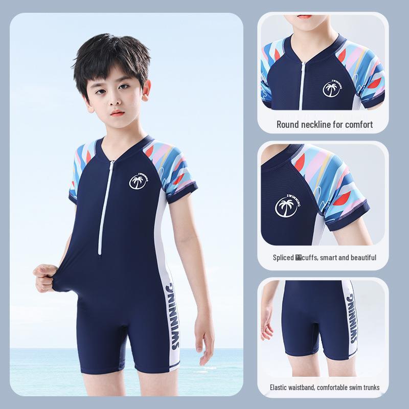 Korean Style Boys' One-Piece Swimsuit with Sun Protection - Quick Dry, Print Design for Kids (S, M, L)