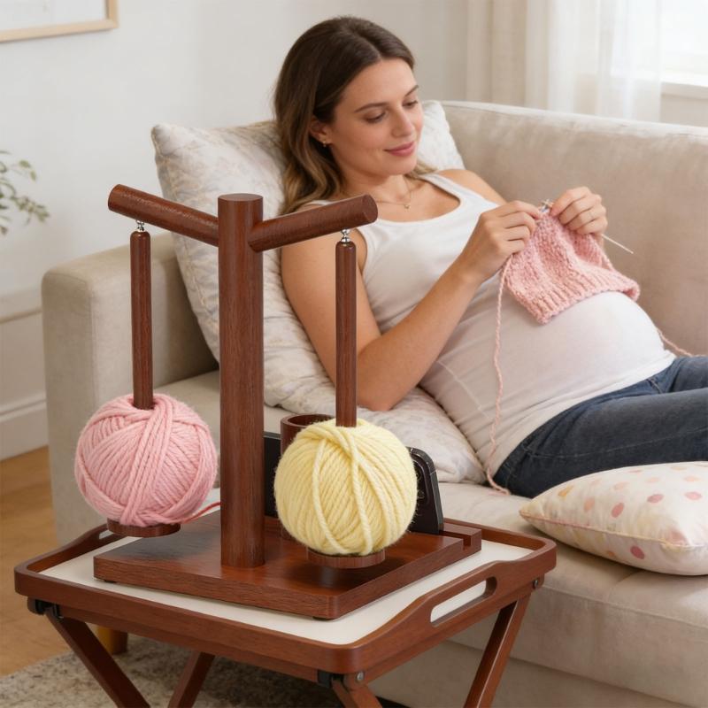 Natural Wood Craft Organizers With Mobile Device Mount Two Spindles For Knitting Crochet And Home Decoration