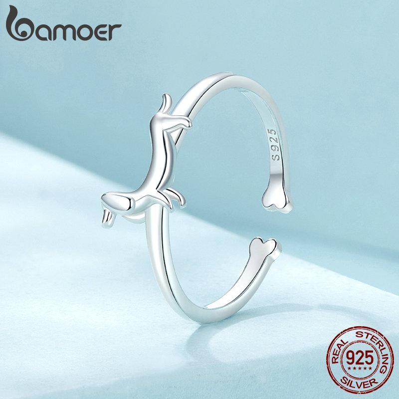 BAMOER 925 Sterling Silver Cute Dachshund Ring for Women Lovely Pet Dog Open Ring Statement Ring Jewelry Gift for Pet Lover