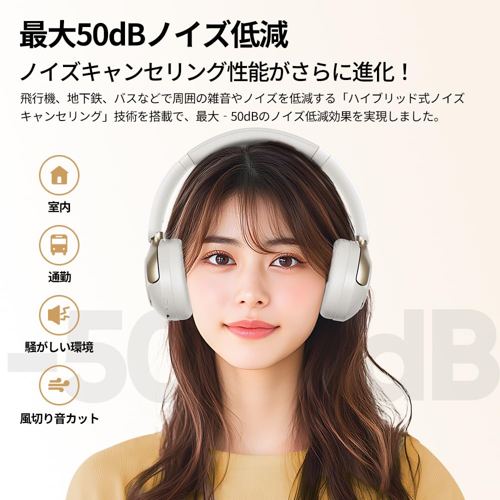 QCY H3PRO Wireless Bluetooth Noise 50dB Noise Spatial Up to 55 Hours of Continuous Ambient Sound Clear Multipoint Comfortable App White Headphones,