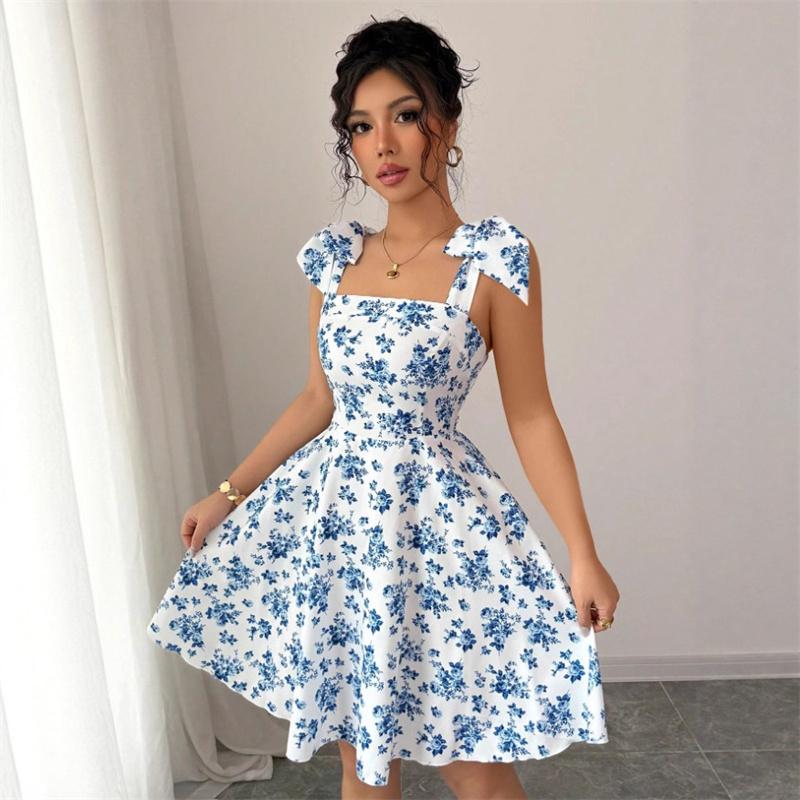 Strap Top Floral Dress Women A-line Sleeveless Lace Up Pleated Hem Spring Summer S-XL