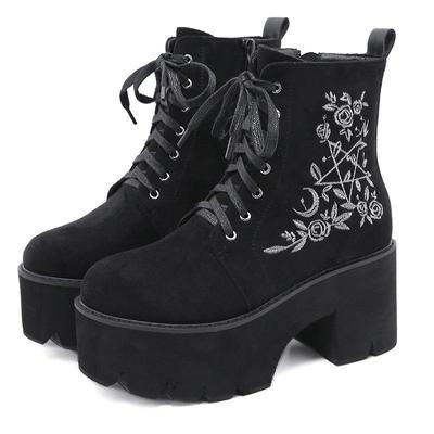 Fashion Flower Platform Boots Chunky Punk Suede Leather Womens Gothic Shoes Nightclub Lace Up Back Zipper High Quality Ankle Boots 35-43