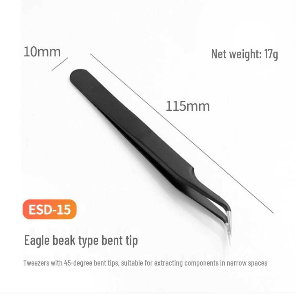 Black Anti-Static Stainless Steel Curved Tip Tweezers Set for Nail Art, Journaling, and Repairs