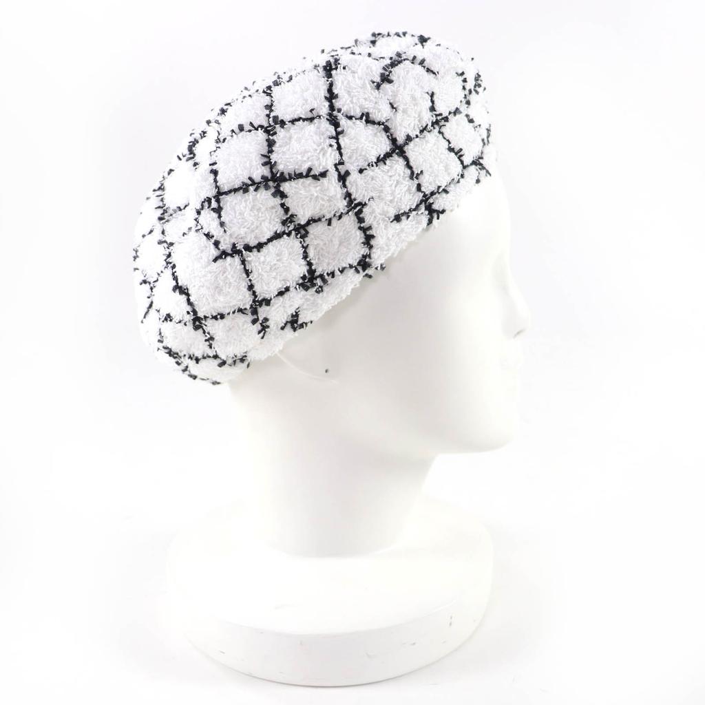 Excellent CHANEL beret COCO Mark Tweed white cotton Women M 19C Used