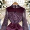 Chic French Style Evening Party Dress for Ladies V Neck Long Sleeves 3D Floral Mesh Sequins Satin Splice Senior Dresses