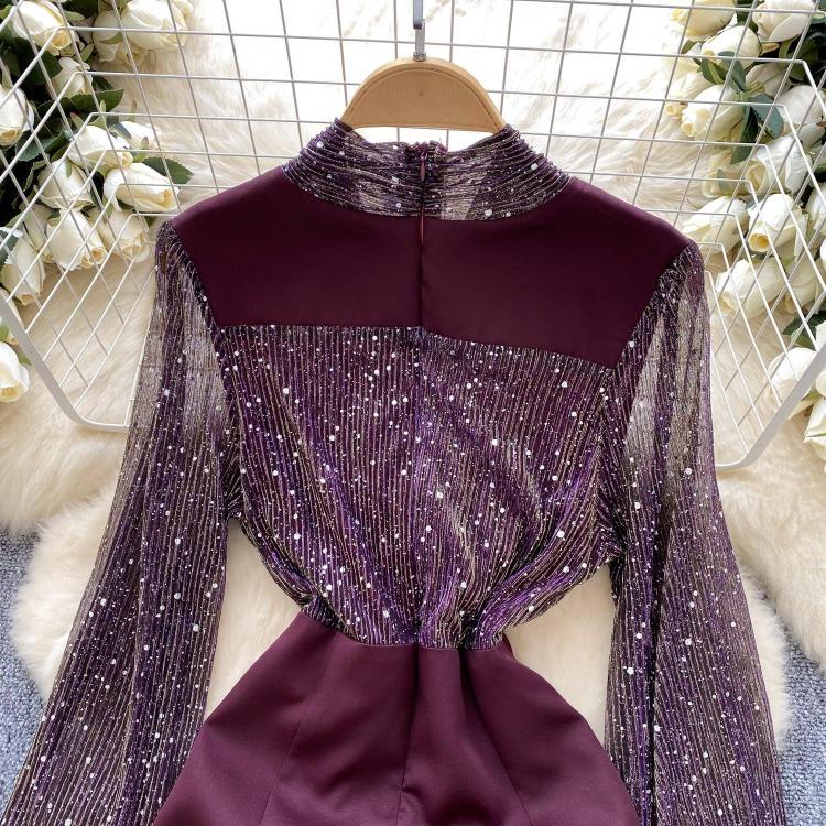 Chic French Style Evening Party Dress for Ladies V Neck Long Sleeves 3D Floral Mesh Sequins Satin Splice Senior Dresses