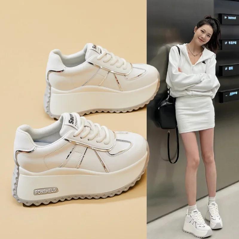 Fashion Top Quality 7CM 8.5CM Genuine Leather Spring Autumn Chunky Sneakers Breathable Casual Platform Wedge Flats Women Vulcanize Shoes