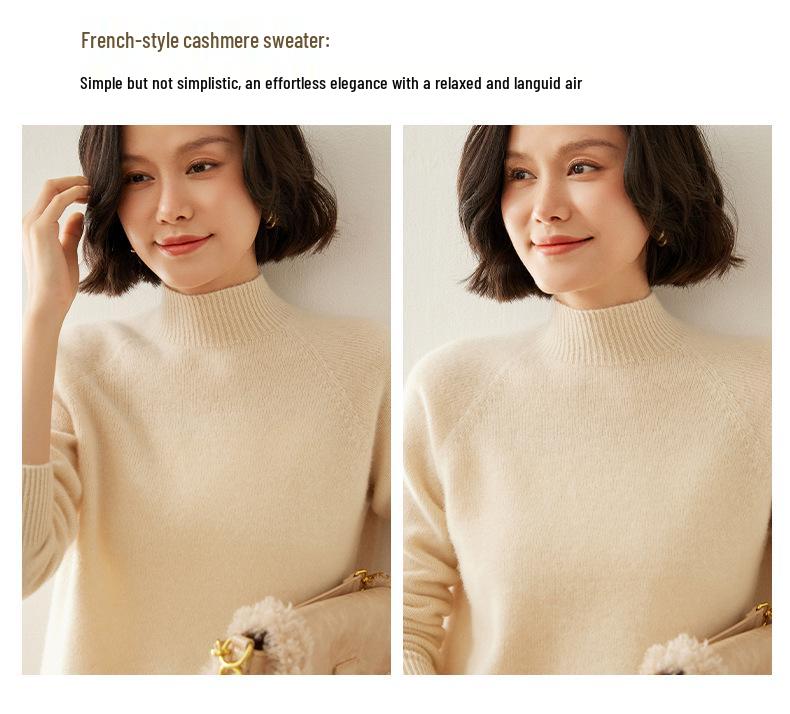Women's Cashmere Raglan Sleeve Slim Fit Sweater - Half High Neck, Thickened, Solid Color, Versatile Knitted Top.