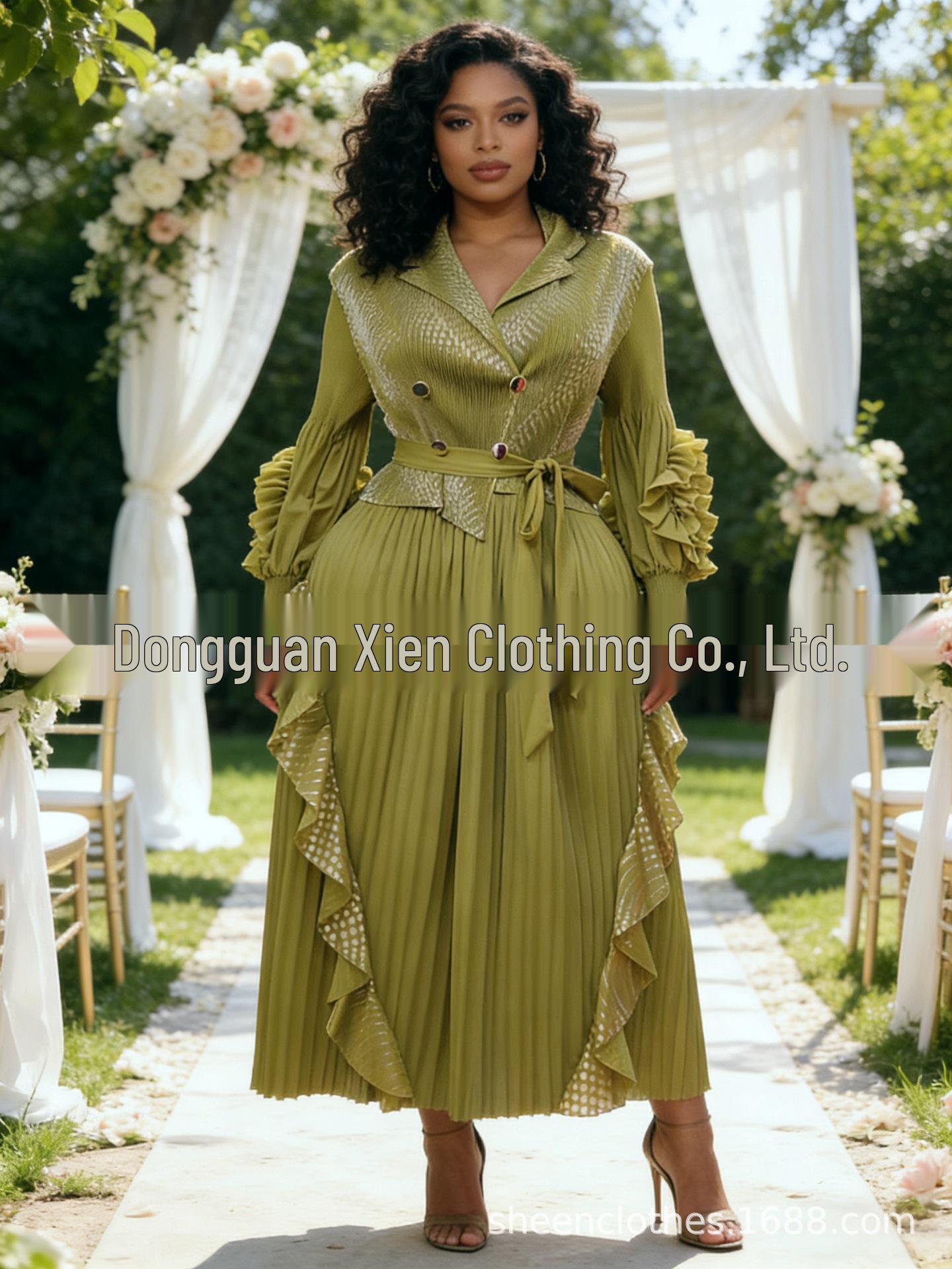 Miyake Ruffled Lace Slimming Lapel Pleated Dress - Plus Size One Size лимонно-желтый