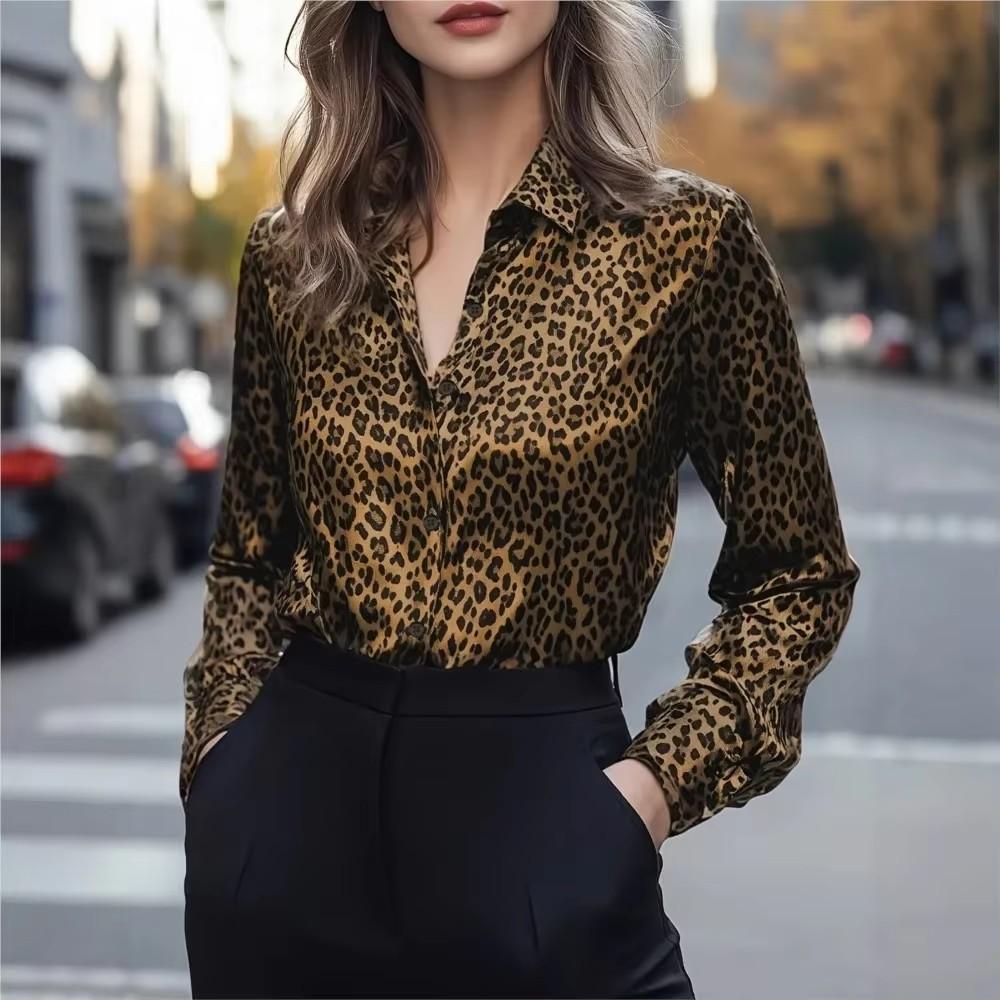 Women Elegant Women's Casual Button Shirt Blouse Trendy Leopard Print Perfect for Autumn Style Fitted Shirt