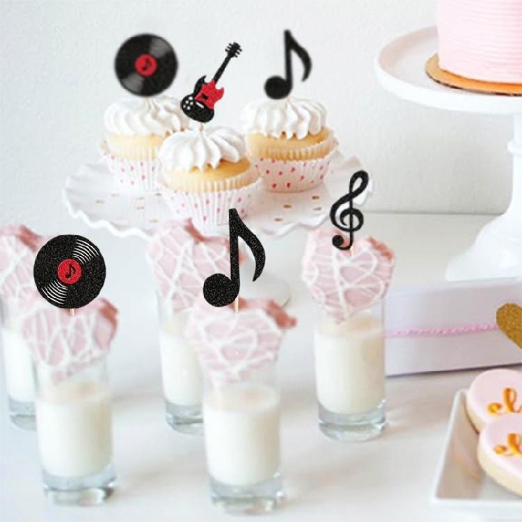 Confezione da 24 Topper per Torta Note Musicali Neri Scintillanti Decorazioni per Cupcake in Carta Stile Retrò per Eventi Festival