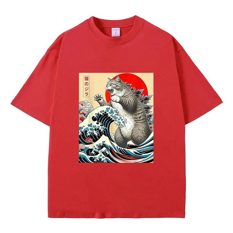 

2025 Summer Catzilla Cat Japanese Art Funny Cat Gifts for Men Women High Quality O-Neck Short Sleeves 100% Cotton T-Shirt Tops 3XL