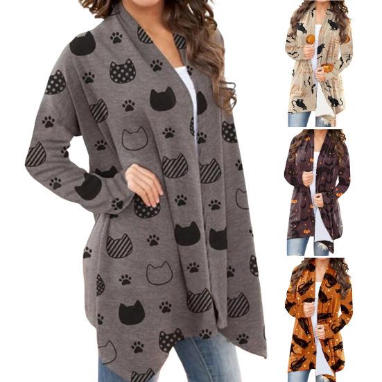 

Женская куртка с длинным рукавом, повседневная теплая открытая строчка, женское зимнее пальто с принтом кота, вечерние