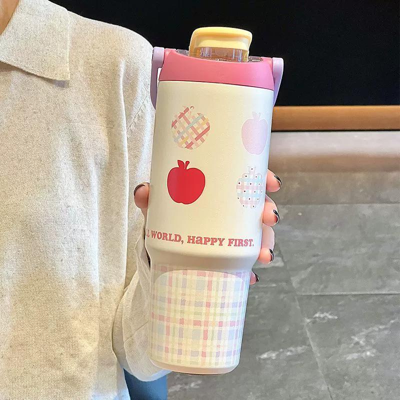 Ny högkvalitativ rostfri termosmugg med handtag bärbar sugrörsmugg stor kapacitet för studenter