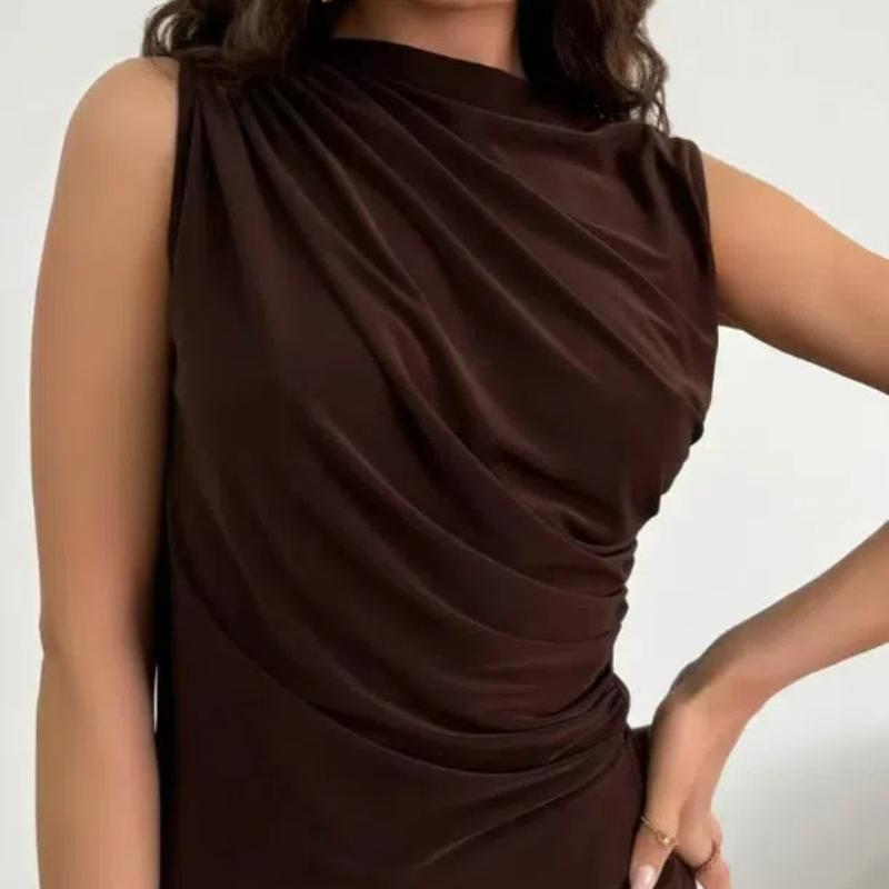 Spring and Summer New Fashionable and Versatile Solid Color Pleated Sleeveless Head Half High Neck T-shirt
