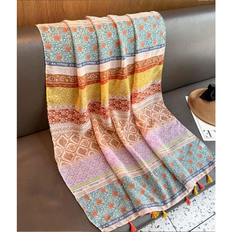 Rainbow Ethnic Style Cotton Linen Scarf For Women Elegant Office Air Condition Shawl