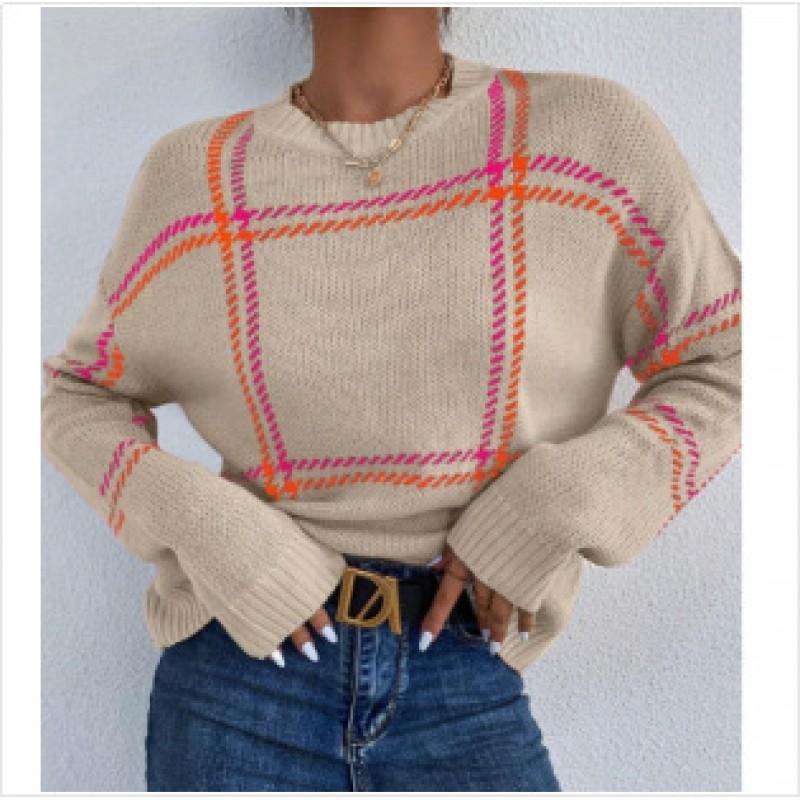 Womens Winter Loose Fit Crew Neck Knit Sweater With Plaid Acrylic Blend Casual Office Wear