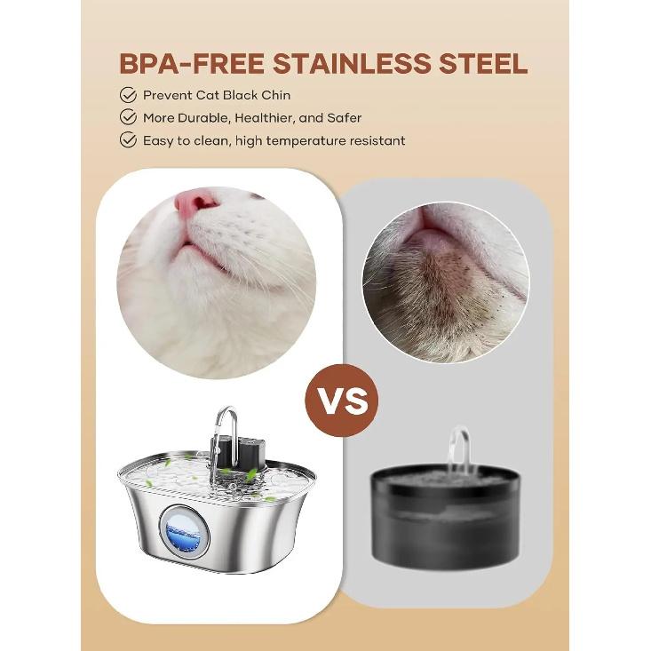 3.2L/108oz Wireless Charging Sensor Cat Water Feeder Stainless Steel Cat Dog Water Fountain Silent Water Level Window No Plug