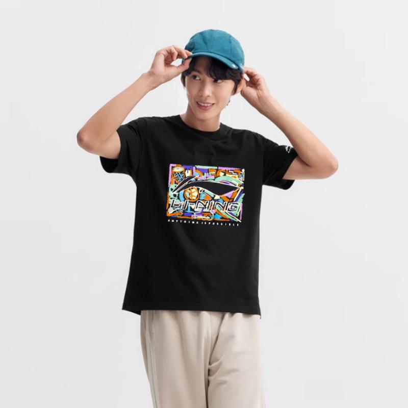 Li-Ning Fashionable Printed Breathable Sweat-Absorbing Trendy Short Sleeve T-Shirt Unisex Tops Black AHSV291-2