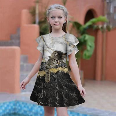 Dievčatá Šaty s potlačou mačiatka s textúrou Detské Dievčenské spoločenské šaty Voľný Voľný Sukňa S krátkym rukávom Pre dievčatá nad štyri roky