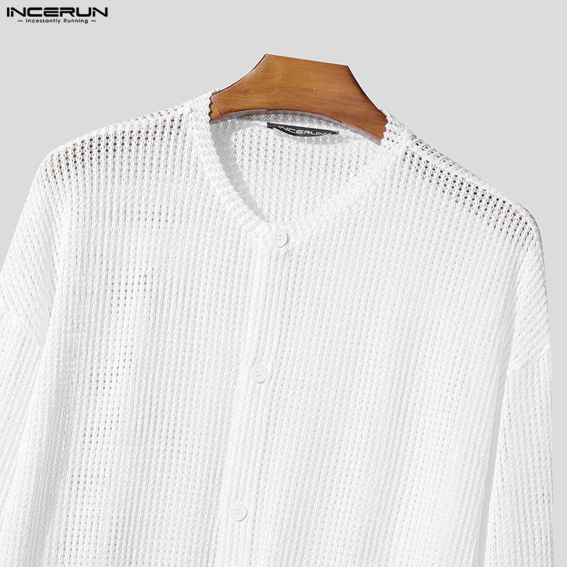 INCERUN Oversized Men Long Sleeve Hollow Webbing Casual Loose Cropped Tops Shirts
