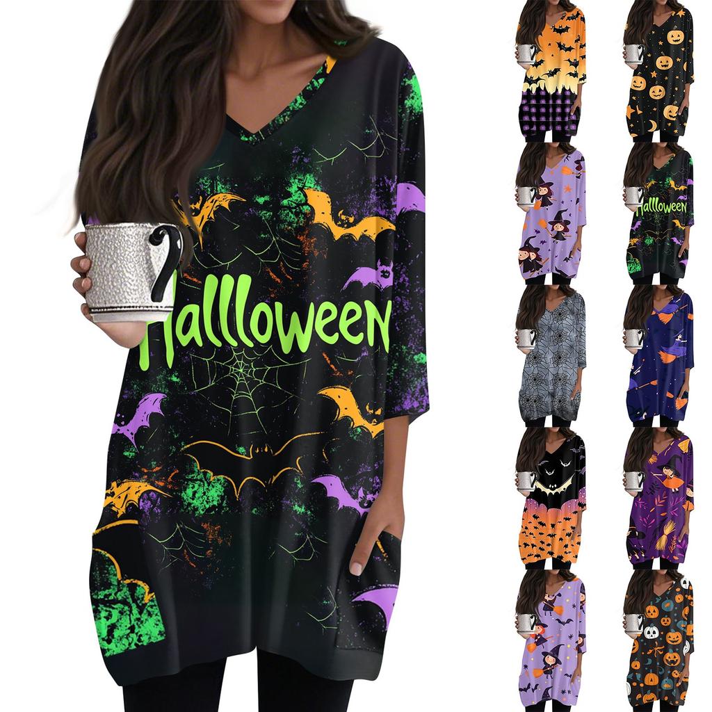 Womens Tops V-neck 3/4 Sleeve Blouses Casual Mid-length Shirts Fashion Halloween Print Tunic Tops With Pockets