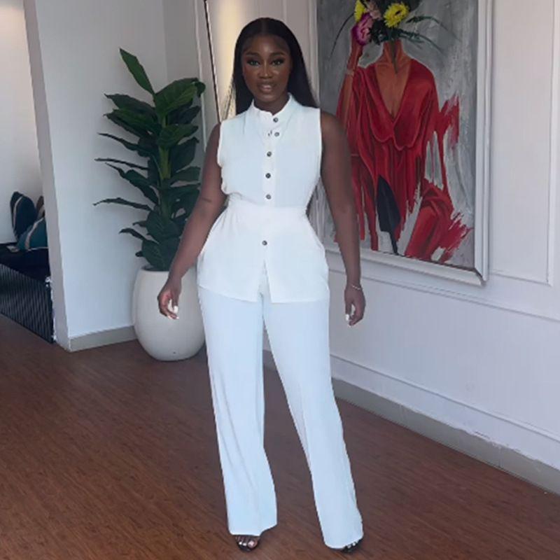 2025 Summer Women's Wear: Stand-up Collar Buttoned Sleeveless Top & Wide-leg Pants Set