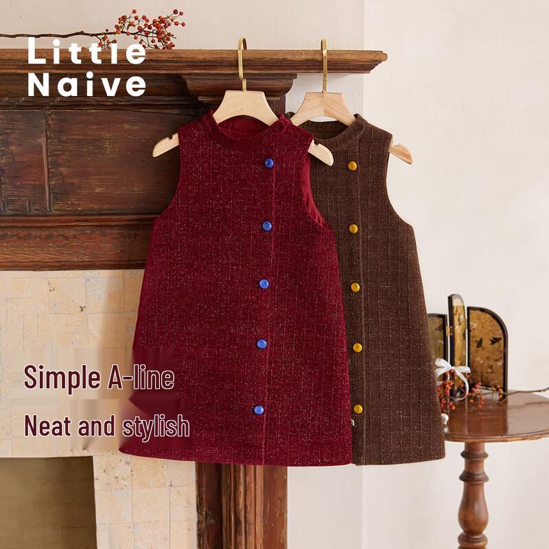 Little Naive Girl's Winter Corduroy Padded Vest Dress with Contrast Buttons
