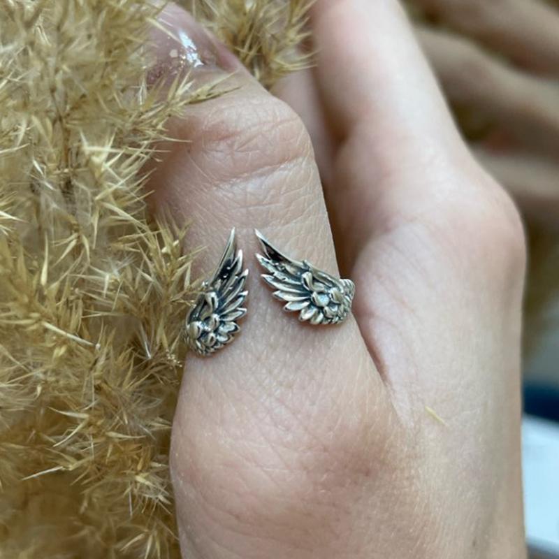 WOSTU Real 925 Sterling Silver Hip Hop Vintage Couples Creative Wings Open Rings For Women Punk Ring Party Jewelry Birthday Gift