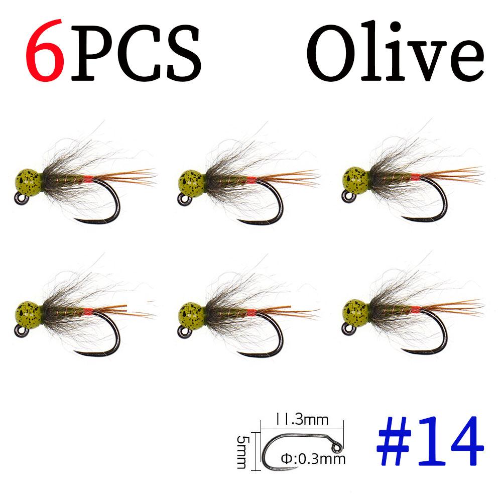 6PCS Jig Tungsten Bead Head Nymph Euro Nymph Fast Sinking Barbless Hook Fly Fishing For Trout Grayling Panfish Insect Baits Lure