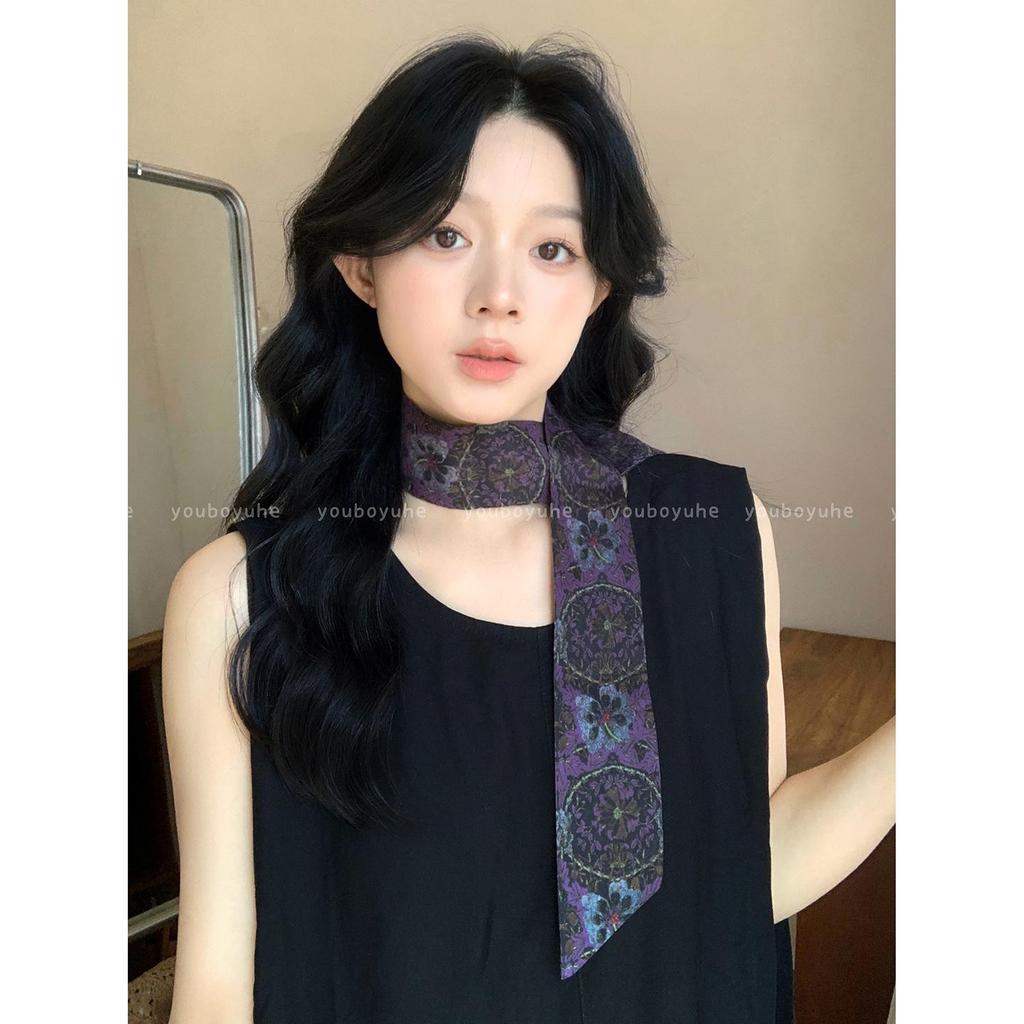 2025 Retro Floral Silk Scarf for Women - Long Neckerchief and Decorative Accessory